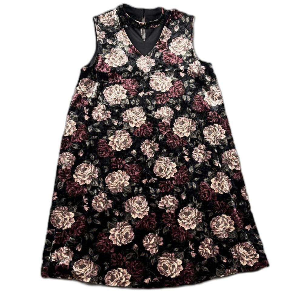 AGB Women Dress Vintage Velvet Swing Choker Y2K 90s Roses Black Medium P247